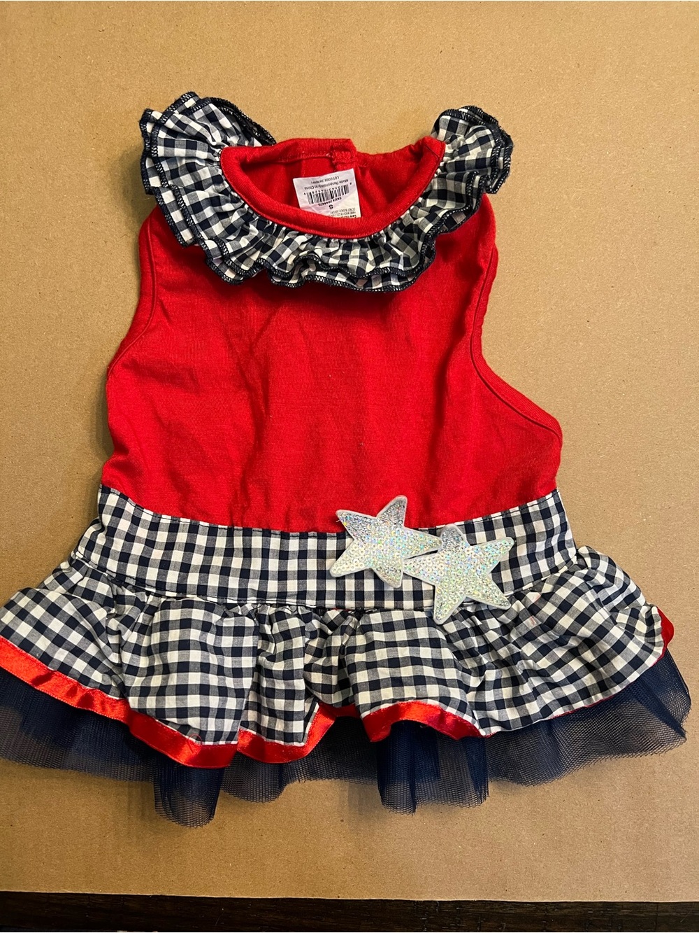 ♥️3/$20♥️ Patriotic Dog Dress w/Navy Gingham,Tulle Ruffle & Star Accents.Size S
